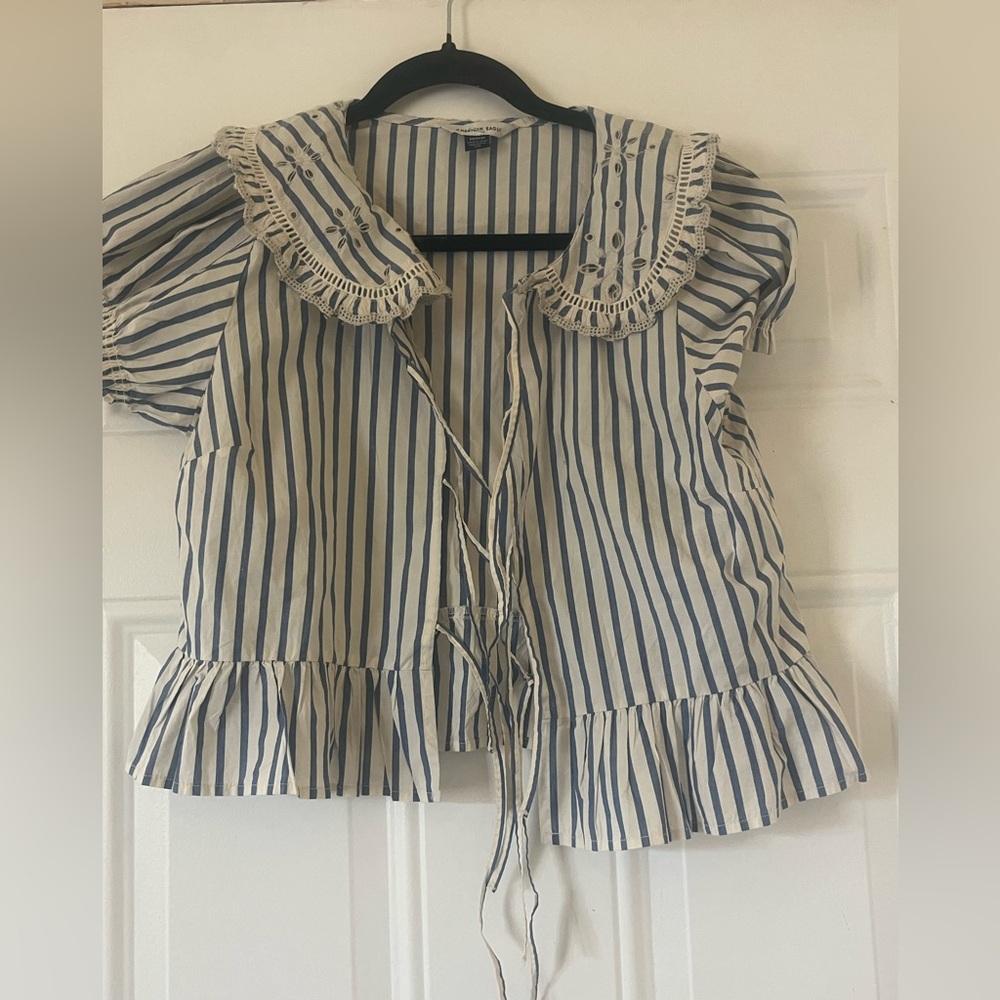 Striped Tie-Front Ruffle Blouse American Eagle